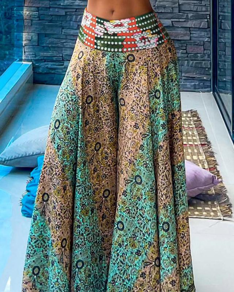 Chicme Women'S 2 Piece Tribal Pattern V-Neck Sleeveless Spaghetti Strap Crop Tank Shirred High Waist Wide Leg Pants Vacation Pants Set